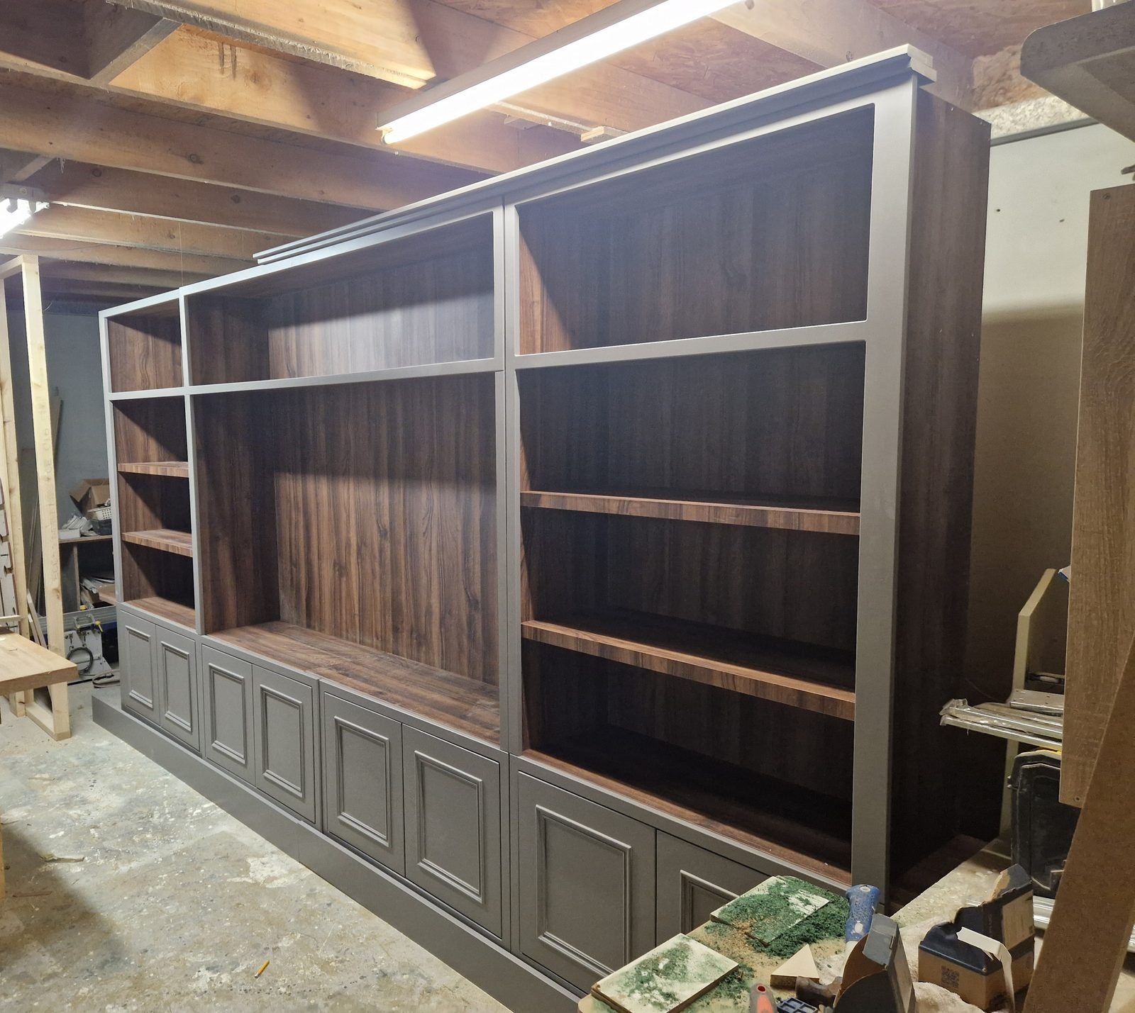 A bespoke painted dresser unit under construction in the Woodbridge workshop